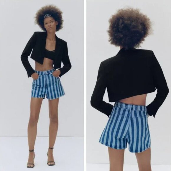 Zara Two-Tone Striped Denim Shorts Size 2 / XS - Picture 4 of 15